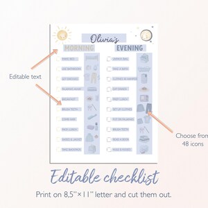 May include: A printable, editable checklist with morning and evening routines. The design features a sun and moon, with icons for tasks like brushing teeth and packing a backpack. The text "Olivia's" is at the top.