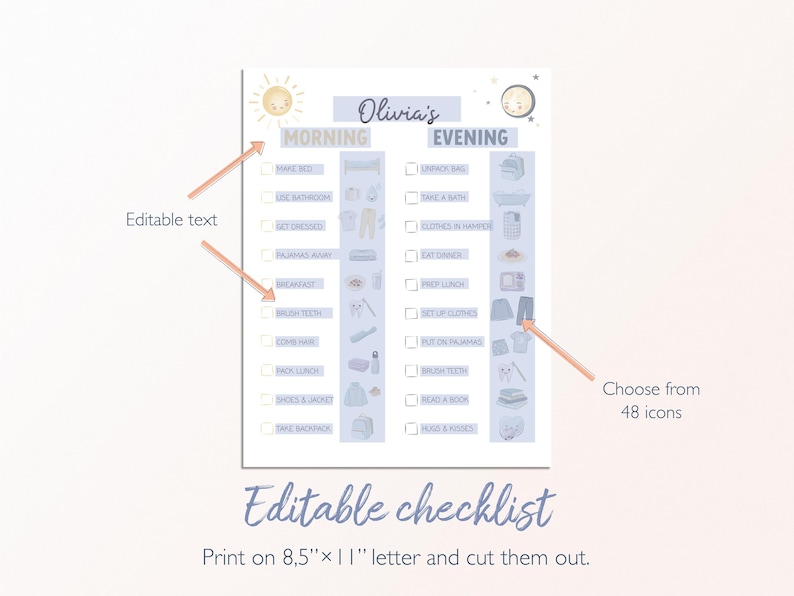 May include: A printable, editable checklist with morning and evening routines. The design features a sun and moon, with icons for tasks like brushing teeth and packing a backpack. The text "Olivia's" is at the top.
