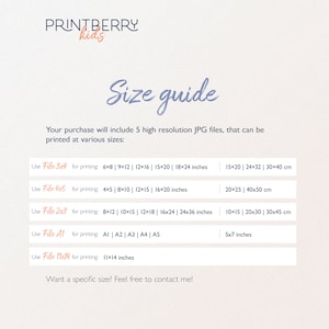 May include: A size guide for printable digital files, showing different file sizes and corresponding print dimensions in inches and centimeters. The text reads "Your purchase will include 5 high resolution JPG files, that can be printed at various sizes: Use File 3x4 for printing: 6x8 | 9x12 | 12x16 | 15x20 | 18x24 inches 15x20 | 24x32 | 30x40 cm Use File 4x5 for printing: 4x5 | 8x10 | 12x15 | 16x20 inches 20x25 | 40x50 cm Use File 2x3 for printing: 8x12 | 10x15 | 12x18 | 16x24 | 24x36 inches 10x15 | 20x30 | 30x45 cm Use File A1 for printing: A1 | A2 | A3 | A4 | A5 5x7 inches Use File 11x14 for printing: 11x14 inches Want a specific size? Feel free to contact me!"