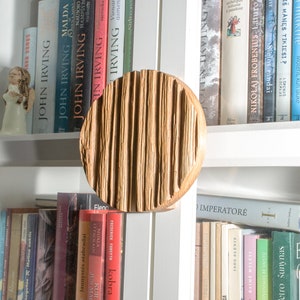 Puede incluir: Una decoración de pared redonda de madera con una superficie texturizada. La decoración está colgada en una estantería blanca con libros en los estantes.