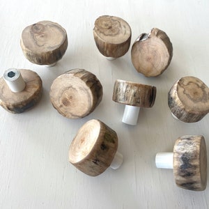 May include: Ten wooden knobs with a natural wood finish and white plastic inserts. The knobs are round and have a slightly irregular shape. They are perfect for adding a rustic touch to any home decor project.