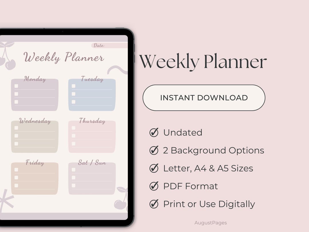 Undated Weekly Planner Printable: A4 A5 Letter Size (digital Download ...