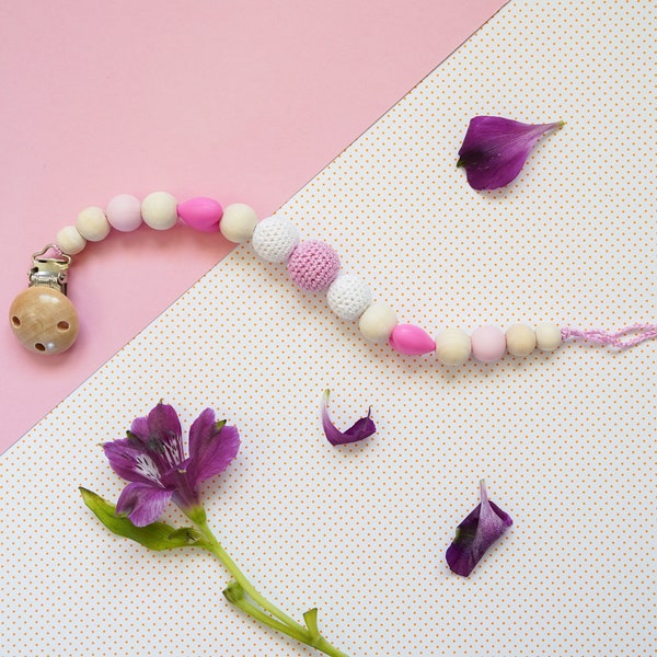 Collier tétine rose / Attache tétine / Porte-tétine en bois pour bébé - Plus sûr que le plastique / Schnullerkette