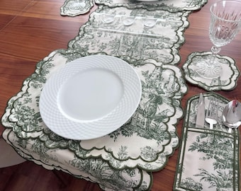 Zestaw stołowy Toile de Jouy, 19-elementowy zestaw podkładek w stylu francuskim, wystrój w stylu vintage