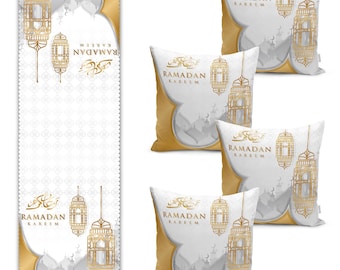Zestaw bieżników na stół ramadanowy: dekoracja islamska, lniane poszewki na poduszki (5 szt.)