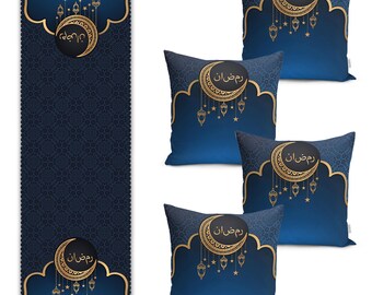 Zestaw bieżników na stół ramadanowy: dekoracja islamska, lniane poszewki na poduszki (5 szt.)