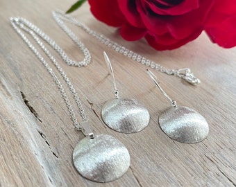 Sterling Silver Round Brushed Drop Earrings and Pendant Set, Matching Silver Earrings and Necklace, Dainty Jewellery Set, Jewellery Gift UK