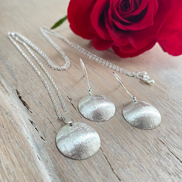 Sterling Silver Round Brushed Drop Earrings and Pendant Set, Matching Silver Earrings and Necklace, Dainty Jewellery Set, Jewellery Gift UK