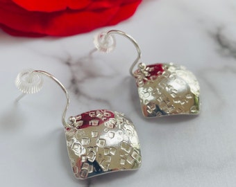 Contemporary Diamond Shaped Dangly Earrings, Square Silver Earrings, Silver Drop Earrings, Domed Silver Earrings, Small Silver earrings UK
