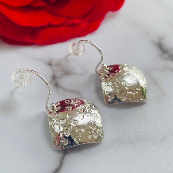 Contemporary Diamond Shaped Dangly Earrings, Square Silver Earrings, Silver Drop Earrings, Domed Silver Earrings, Small Silver earrings UK