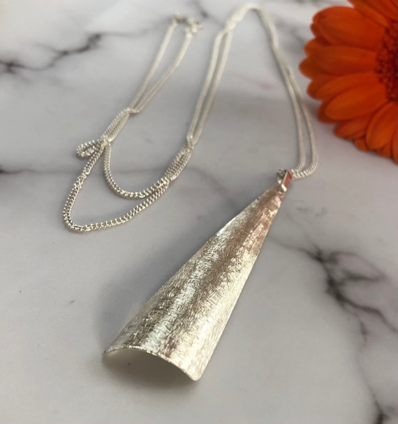 Contemporary Statement Silver Pendant, Sterling Silver Long Necklace, Brushed Satin Silver Pendant, Handmade Silver Necklace UK