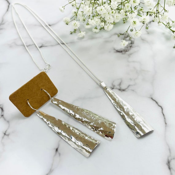 Matching Silver Earrings and Pendant, Statement Earrings and Necklace Set, Long Silver Dangly Earrings, Simple Long Drop Silver Earrings