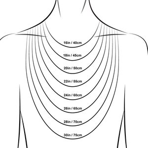 May include: A black and white illustration showing necklace lengths on a person's neck and chest. The lengths are labeled in inches and centimeters, ranging from 16 inches (40cm) to 30 inches (75cm).