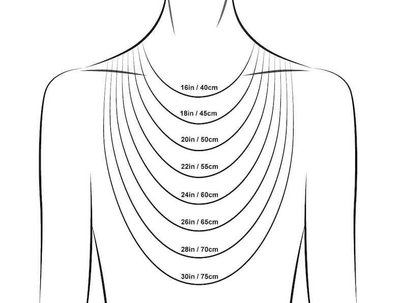 May include: A black and white illustration showing necklace lengths on a person's neck and chest. The lengths are labeled in inches and centimeters, ranging from 16 inches (40cm) to 30 inches (75cm).