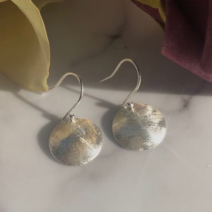 Round Brushed Drop Earrings, Domed Earrings, Circle Earrings, Silver Drop Earrings, Satin Silver Earrings, Small Silver earrings UK
