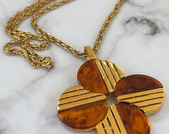 Vintage Crown Trifari Necklace 1960s Modernist Statement Pendant Tortoiseshell Effect Lucite and Gold Tone Geometric Necklace