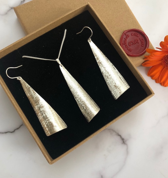 Matching Silver Earrings and Pendant, Statement Earrings snd Necklace Set, Long Silver Dangly Earrings, Simple Long Drop Silver Earrings