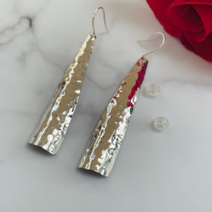 Hammered Sterling Silver Slim Long Drop Earrings: Slim Contemporary Design