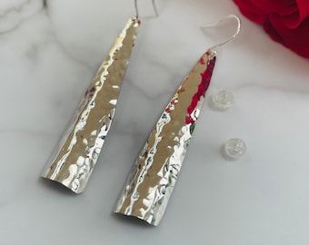 Hammered Sterling Silver Slim Long Drop Earrings: Slim Contemporary Design