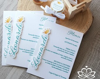 Coordinated menu + honey jar place card for Baptism / First Communion theme crown of a heavenly prince