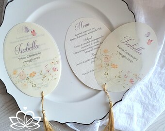 Elegant oval place card menu with flowers and butterflies and tassel * Wedding First Communion Confirmation Birthday