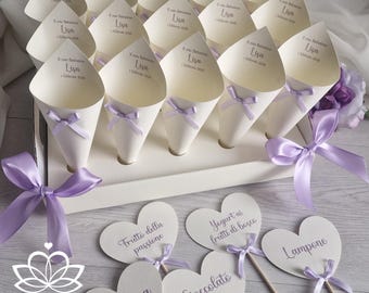 Tray + 15 rice cones for sugared almonds and matching heart-shaped flavour markers * Baptism / First Communion / Wedding / Confirmation
