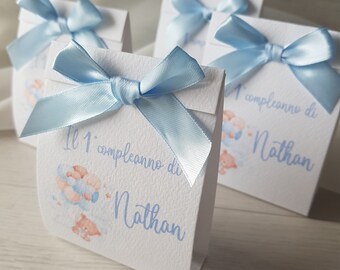 Triangle teddy bear boxes with balloons and 3 confetti for birth, baptism, first birthday