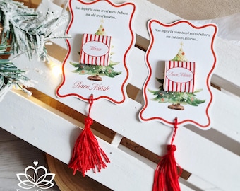 Elegant Christmas place card with personalized dark chocolate and red tassel