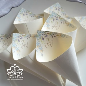 Coni portariso portaconfetti personalizzati con grafica azzurra e stampa iniziali *porta riso confetti matrimonio comunione cresima ortensie