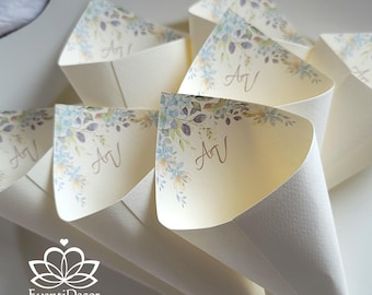 Personalized rice cones for confetti with blue flowers and initials printed *rice holder for confetti, wedding, communion, confirmation, hydrangeas