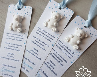 Chalk bookmark placeholder with teddy bear, Baptism/First Communion placeholder for a baby boy in light blue, thank you phrase