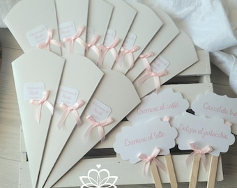 Personalized resealable cones + pink/light blue flavor markers for confetti, baptisms, first communions, confirmations, weddings