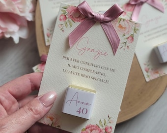 Elegant pink peony place card with personalized cremino chocolate and thank you message * First Communion Confirmation Birthday