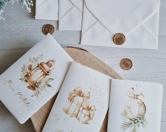 Kit of 3 cards + envelopes + wax seals Christmas greetings cream/gold * Amalfi paper - Merry Christmas stamp