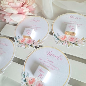 Segnaposto sagomato con cremino e grafica rose rosa * segna posto con cioccolatino Prima Comunione Battesimo Cresima bimba Compleanno