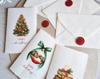 Kit of 3 cards + envelopes + wax seals, green/red CHRISTMAS greetings * Amalfi paper - Merry Christmas stamp