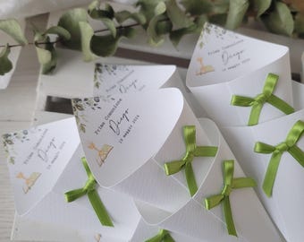 Personalized confetti holders with print and bow *Chalice and eucalyptus themed confetti holder First Communion Confirmation