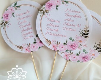 Table marker cards with pink roses for Baptism and First Communion