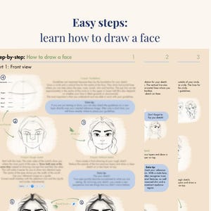 May include: A beige instructional guide titled "Easy steps: learn how to draw a face." The guide provides step-by-step instructions for drawing a face, including diagrams and text. The guide is designed to help beginners learn the basics of facial drawing.