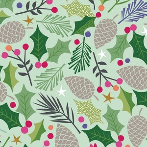 May include: A seamless pattern featuring a variety of festive holiday elements, including holly leaves, pine branches, pine cones, and stars. The background is a light blue-green color.