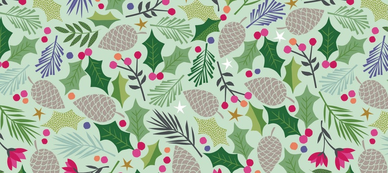 May include: A seamless pattern featuring a variety of festive holiday elements, including holly leaves, pine branches, pine cones, and stars. The background is a light blue-green color.