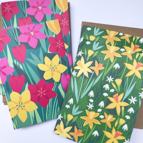 Spring floral card pack - 6 cards - printed on recycled card