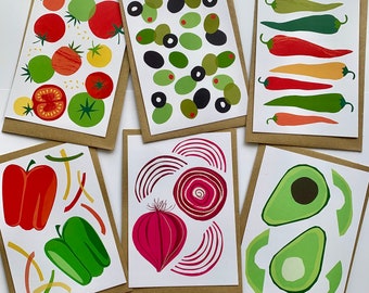 Colourful veg postcard set- 6 A6 postcards with envelopes - prints for kitchen