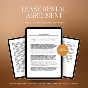 Peut inclure: Un accord de location numérique affiché sur trois tablettes. Le texte indique « ACCORD DE LOCATION » et « 3 PAGES / MODIFIABLE SUR WORD / FACILE À UTILISER ». Comprend des sections pour le dépôt de garantie, l'entretien, la politique relative aux animaux de compagnie, etc. Un autocollant « TÉLÉCHARGEMENT INSTANTANÉ » est visible.