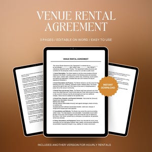 Puede incluir: Tres tabletas digitales que muestran un contrato de alquiler de locales. Las tabletas son negras con texto blanco, sobre un fondo degradado marrón y beige. El texto incluye "Venue Rental Agreement" y "Instant Download."