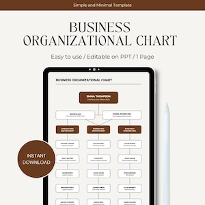 May include: A digital business organizational chart template on a tablet, with a stylus. The chart is easy to use and editable on PPT. The chart includes the text "Business Organizational Chart" and "Instant Download".