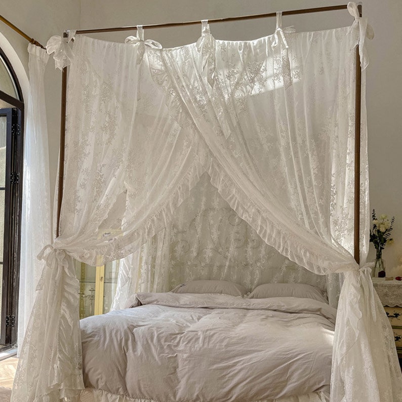 White Lace Bed Canopy With Ruffles French Style Floral Etsy
