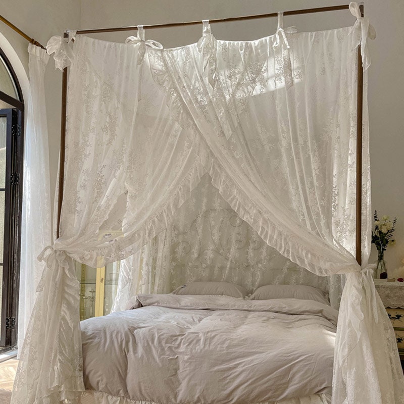 White Lace Bed Canopy With Ruffles French Style Floral Etsy