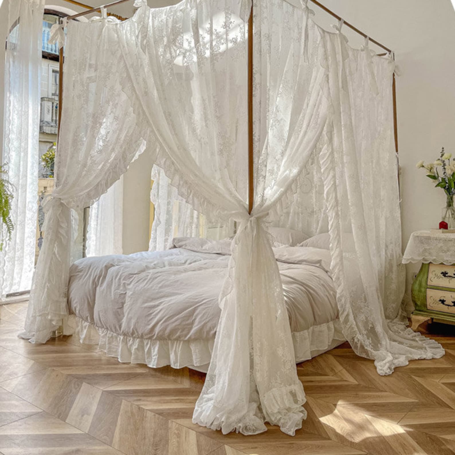 White Lace Bed Canopy With Ruffles French Style Floral Etsy