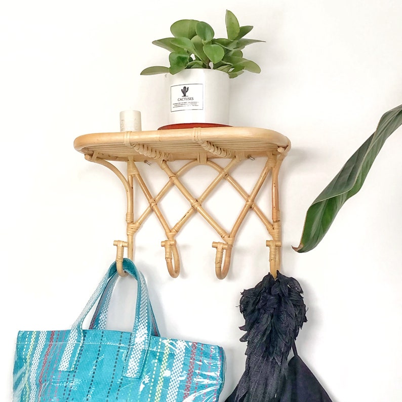 Rattan Wall Shelf With Hooks Bathroom Holder for Towels Etsy